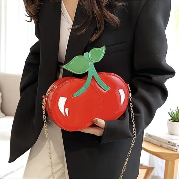 Cherry Red Mini Shoulder Bag Green Leaf Chain Strap - Picture 5 of 10